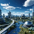 Futuristic cityscape with tranquil earthworks and water