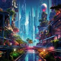 Futuristic cityscape with vibrant neon lights and towering skyscrapers