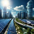 Futuristic Cityscape with Vibrant Solar Panels