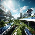 Futuristic Cityscape with Vibrant Solar Panels