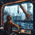 Futuristic cityscape view from construction vehicle operator cockpit interface Royalty Free Stock Photo