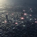 A futuristic cityscape is viewed from above, showcasing a network of digital nodes