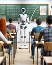 Futuristic Classroom AI Robot Professor Teaching High School Students Cyborg Education Class Desks Artificial Intelligence