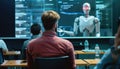 A futuristic classroom features an AI robot instructor interacting with engaged students AIG62 Royalty Free Stock Photo