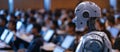 A futuristic classroom features an AI robot instructor interacting with engaged students AIG62 Royalty Free Stock Photo