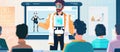 A futuristic classroom features an AI robot instructor interacting with engaged students AIG62 Royalty Free Stock Photo