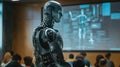 A futuristic classroom features an AI robot instructor interacting with engaged students AIG62 Royalty Free Stock Photo