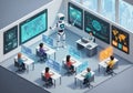 A futuristic classroom features a humanoid robot teaching students. The room has large digital Royalty Free Stock Photo