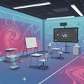 Futuristic classroom featuring a large digital screen displaying \