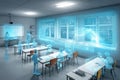 Futuristic Classroom With Holographic Assistant Enhances Student Learning Experience Royalty Free Stock Photo