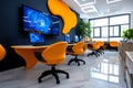 A futuristic classroom with holographic displays, where students interact with virtual teachers and AI-driven educational tools in Royalty Free Stock Photo