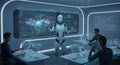 Futuristic classroom with a humanoid robot instructing three students. Each person is Royalty Free Stock Photo