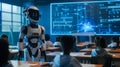 A robot teacher teaches a group of young students in a futuristic classroom. Generative Ai