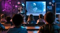 A robot teacher teaches a group of young students in a futuristic classroom. Generative Ai