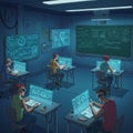 Futuristic classroom scene with five students using advanced Royalty Free Stock Photo