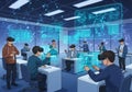 A futuristic classroom scene with several individualsâmostly young Royalty Free Stock Photo