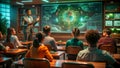 Futuristic classroom with teacher presenting interactive holographic display Royalty Free Stock Photo