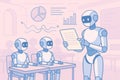 Robot teacher educating ai students in classroom Royalty Free Stock Photo