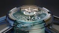 A futuristic clock design shows spinning gears within a sleek metallic frame in a dark background