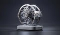 A futuristic clock design shows spinning gears within a sleek metallic frame in a dark background