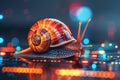 Futuristic clock with fractal dial in digital nebula, snail exploring the surface