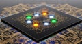 Quantum Computing Chip with Glowing Qubits and Intricate Circuitry Royalty Free Stock Photo