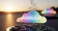 Futuristic cloud computing concept with colorful layered data clouds connected by wires on a circuit board cityscape background Royalty Free Stock Photo