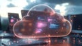 Futuristic cloud computing concept with glowing data and devices in background Royalty Free Stock Photo