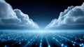 Futuristic cloud computing concept with glowing data streams flowing beneath dramatic clouds in a digital landscape, Royalty Free Stock Photo
