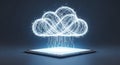 Futuristic cloud computing concept with a glowing data cloud transferring information to a tablet Royalty Free Stock Photo