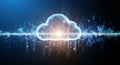 Futuristic cloud computing concept with glowing network connections in a digital cityscape background Royalty Free Stock Photo