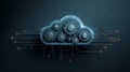 Futuristic Cloud Computing Concept with Interconnected Gears and Glowing Circuit Lines on Dark Background Representing Royalty Free Stock Photo