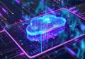Futuristic Cloud Computing Concept with Neon Lights and Digital Interface for Modern Technology and Innovation Royalty Free Stock Photo