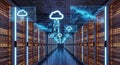 Futuristic Cloud Computing Data Center with AI, Cybersecurity, and Big Data Visualization Cloud Storage Artificial Royalty Free Stock Photo