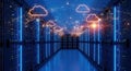 Futuristic Cloud Computing Data Center with AI, Cybersecurity, and Big Data Visualization Cloud Storage Artificial Royalty Free Stock Photo