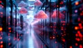 Futuristic cloud computing data center with glowing servers and network connections, digital information flowing Royalty Free Stock Photo