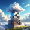 Futuristic cloud computing data center tower floating in the sky technology architecture Royalty Free Stock Photo