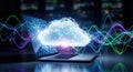 Futuristic cloud computing and data transfer technology with wavy digital energy waves flowing around Royalty Free Stock Photo