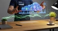 Futuristic cloud computing interface with data visualization and user interaction Royalty Free Stock Photo