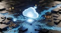 Futuristic cloud computing network data flow and digital cloud symbol on circuit board technology background Royalty Free Stock Photo