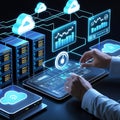 Futuristic cloud computing network with data servers and interactive digital interface Royalty Free Stock Photo