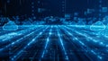 Futuristic cloud computing network with glowing digital pathways, representing cloud technology, data flow, and global