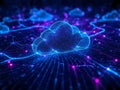 Futuristic cloud computing network visualized with glowing digital connections, data streams, and interconnected nodes in a high- Royalty Free Stock Photo