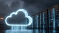 Futuristic Cloud Computing Server Data Center Neon Cloud Icon and Network Servers AI generated. Royalty Free Stock Photo