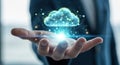 Futuristic cloud computing technology concept person holding digital data network information flow overhead Royalty Free Stock Photo