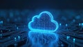 Futuristic cloud migration project illustration. Cloud platform glows with digital information. Tech infrastructure transition.