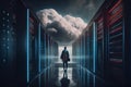 Futuristic Cloud Service Big data server in cloud and man walking towards the high tech hub of technology abstract