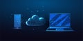 Futuristic cloud strorage concept with glowing low polygonal laptop, smartphone and cloud on blue