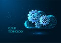 Futuristic cloud technologies, management concept with glowing low poly cloud and gears, cog wheels Royalty Free Stock Photo