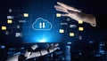 Futuristic Cloud Technology Concept with Robot Hand and Human Gesture Representing Data Upload and Download in Digital Royalty Free Stock Photo
